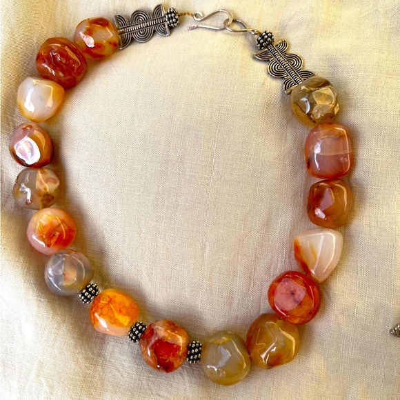 LARGE POLISHED CARNELIAN STONE STERLING SILVER NECKLACE - Picture 2 of 13